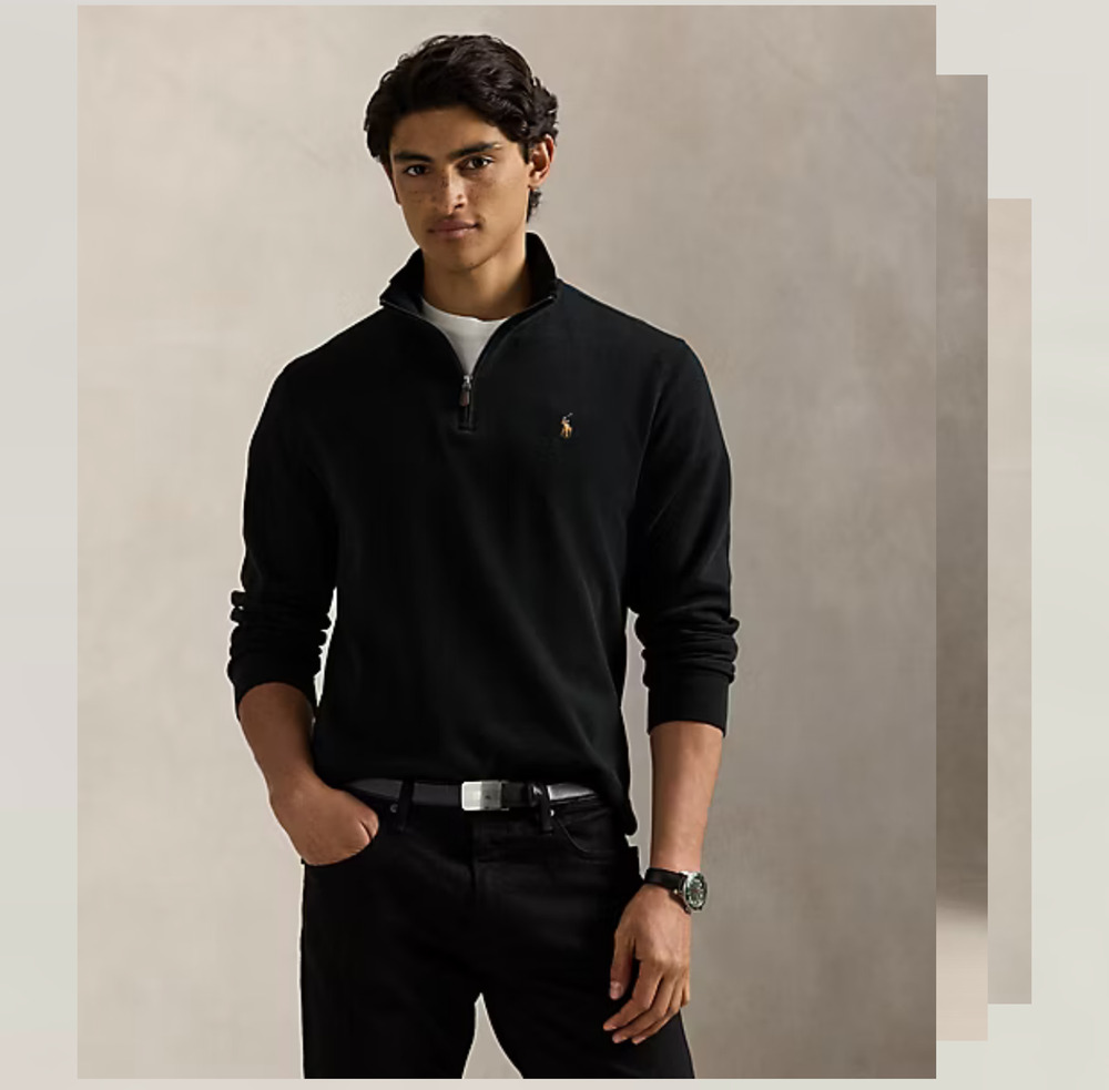 Polo Ralph Lauren Cotton Estate Rib Quarter Zip Pullover Black Gold Pony Sz SP